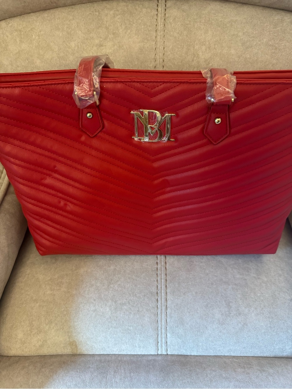 Badgley Mischka Red Quilted Tote with Silver Logo
